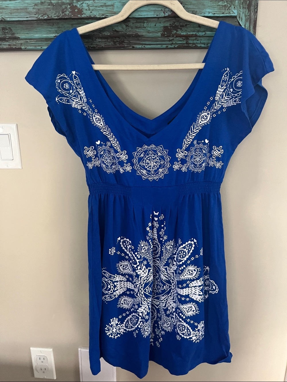 Women's Royal Blue Embroidered V-Neck Mini Dress
